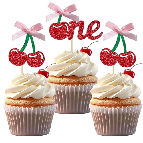 24 Pack Cherry 1st Birthday Cupcake Toppers (24 Count)