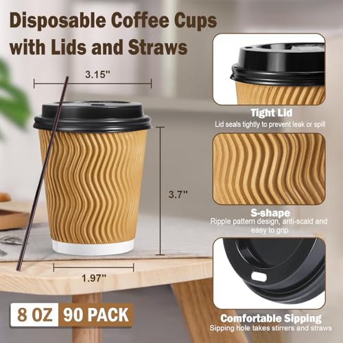 90 Pack 8 oz Disposable Coffee Cups with Lids and Straws (90 Count)