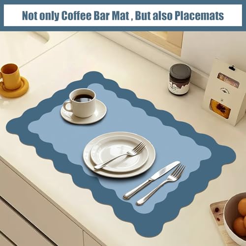 Blue Scalloped Coffee Mat for Countertop Coffee Bar Mat Matt