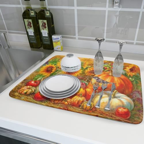 Vintage Fall Autumn Dish Drying Mat 18"x24" Large Rustic Pumpkin Sunflower Bird Dish Drainer Mats Thanksgiving Farmhouse Reversible Dish Drying Pad for Kitchen Countertop Dining Room