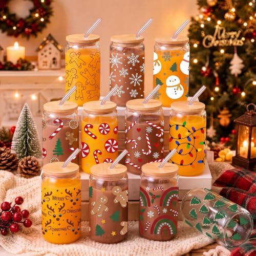 12 Sets Christmas Glass Cups Gifts 16 oz Cute Xmas Tree Gingerbread Cups Snowman Tumbler Winter Candy Canes Iced Coffee Cup with Lids and Straw for Women Coworkers Birthday Party Favors (12 Count)