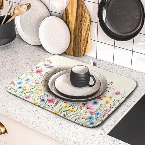 Spring Floral Dish Drying Mat 16"x18" Watercolor Summer Wildflower Dish Drainer Mats Herb Flower Reversible Absorbent Dish Drying Pad Decor for Kitchen Countertop Dining Room