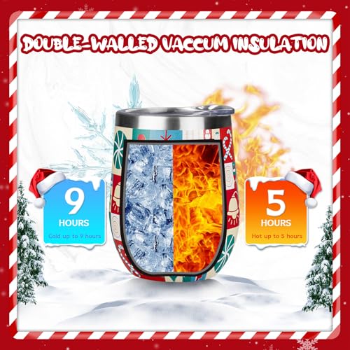 Christmas Wine Tumbler 12 oz Christmas Stainless Steel Wine Glass with Lid and Straw Stemless Double Wall Insulated Wine Cups Keeping Cold & Hot for Holiday Xmas Wedding Party Gifts