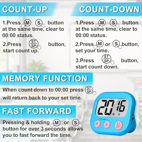 Digital Kitchen Timers for Cooking Kids Blue Green 6 Pack (6 Count)