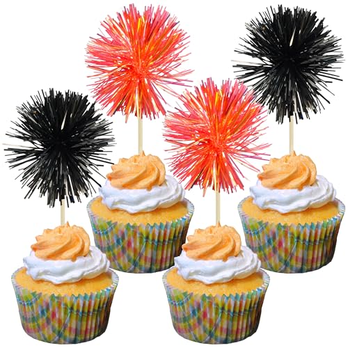 30Pcs Foil Firework Cupcake Toppers Sparkle Tinsel Cake Toppers Tinsel Drink Cake Decoration Cocktail Picks for Birthday Wedding Graduation Party Supplies Black Orange (30 Count)
