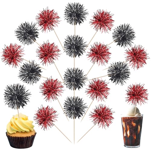 40 PCS Foil Firework Cupcake Toppers Sparkle Tinsel Cupcake Picks Fireworks Birthday Party Decorations Cocktail Fruit Toothpick for Birthday Wedding Graduation Party Decorations Supplies Black Red (40 Count)