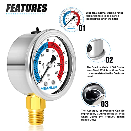 1/4" NPT 0-60psi Pressure Gauge, 2" Dial Glycerine Filled Pool Filter, 304 Stainless Steel Housing, Lower Mount, with 1/2" NPT and 3/8" NPT Hex Bushing