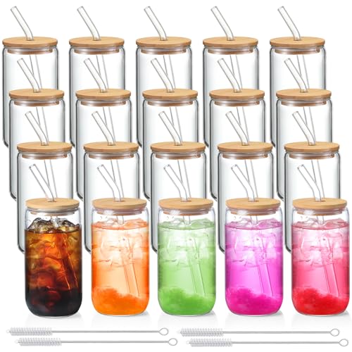 20 Pack Glass Cups with Lids and Straws 16 oz (20 Count)