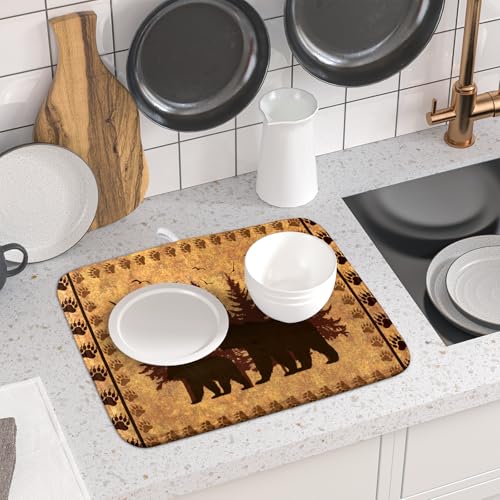 16"x18" Brown Bear Dish Drying Mat Rustic Forest Wildlife Woodland Dish Drainer Mats for Kitchen Countertop Farmhouse Animal Paw Print Fast Dry Microfiber Dish Drying Pad Decoration