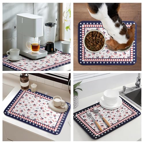 4th of July Dish Drying Mats for Kitchen Counter Patriotic Independence Day Kitchen Dishes Dryer Pad Stars Absorbent Dish Mat Microfiber Washable Foldable Reusable Large 18x24 in