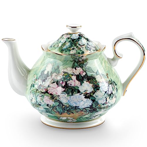 Teapot 30 oz Vangogh Paintings Bone China Loose Tea Pot Floral Design Vintage Ceramic Coffee Water Pot European Style Porcelain (30 Ounce)