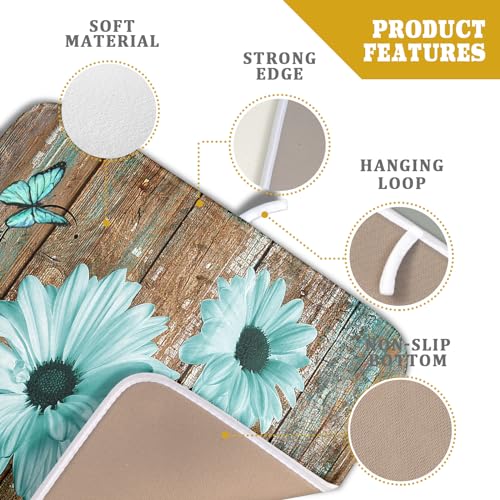 Rustic Daisy Dish Drying Mat for Kitchen Countertop 16x18 inch Fall Teal Sunflowers on Wooden Board Dish Drainer Mats Fast Drying Country Vintage Shabby Chic Flower Dish Drying Pad Cabin Decor