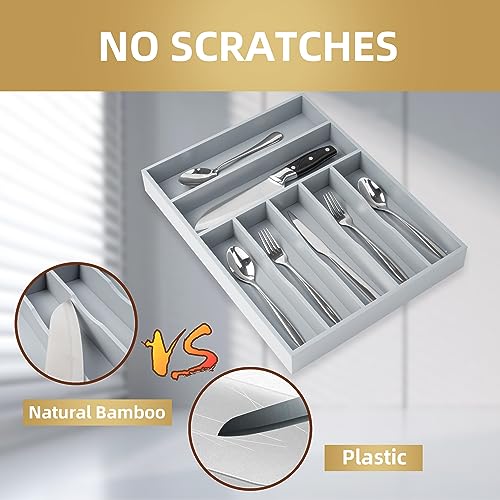 Bamboo Silverware Holder Drawer Utensil Organizer with 7 Slots Gray