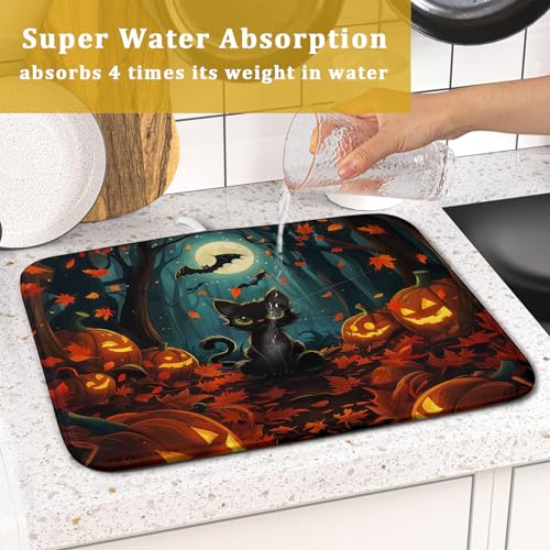 Halloween Black Cat Dish Drying Mat for Kitchen Counter