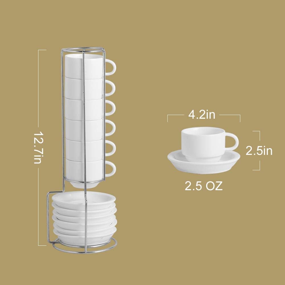 Sweejar Porcelain Espresso Cup & Saucer Set, Stackable Demitasse Cups with Metal Stand, 2.5 OZ for Latte,Coffee,Cafe Mocha,Tea, Set of 6(Multi)