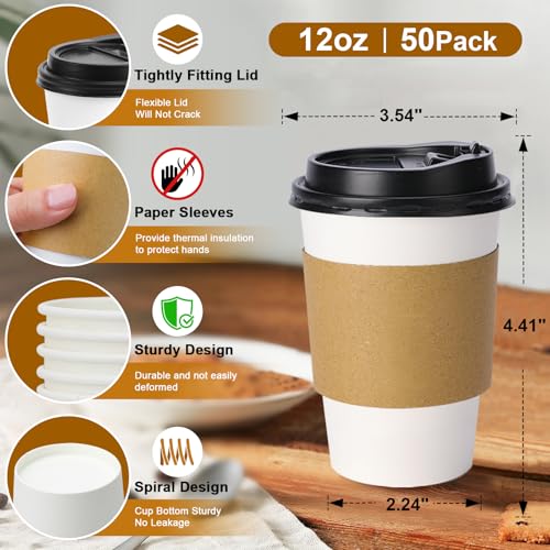 50 Pack 12 oz Disposable Coffee Cups With Lids and Sleeves (50 Count)