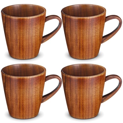 4 Pcs Wooden Coffee Mugs 10 oz Handmade Wood Vintage Rustic Tankard Viking Stein Beer Cups for Coffee Tea Beer Gift for Family Men Dad Friend Drink Tea or Home Outdoor Use (4 Count)