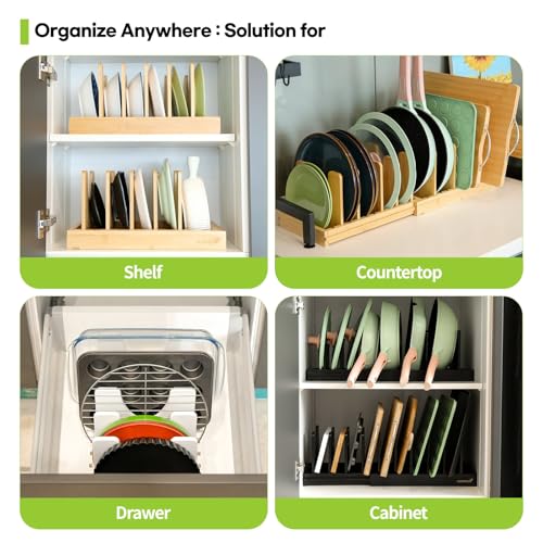 Pots and Pans Organizer under Cabinet Expandable Bamboo Pot Lid Holder Rack