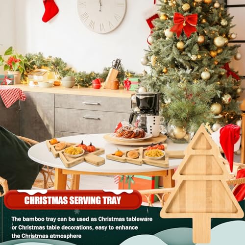 Christmas Bamboo Serving Platter Christmas Tree Shape Wooden Serving Tray Multiple Spaces Charcuterie Board Holiday Decorative Serving Appetizer Platters for Home Candy Snack Salad Food