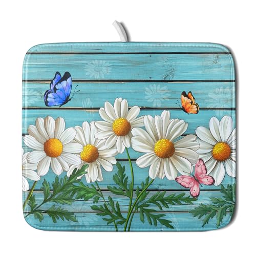 Daisy Dish Drying Mat for Kitchen Counter 16x18in Turquoise Daisy Old Wooden Board Kitchen Mat Absorbent Reversible Microfiber Dishes Pad Fast Drying Dish Drainer Mats for Countertop