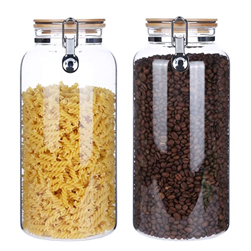Glass 2 lb Whole Bean Coffee Glass Container with Airtight Hinged Bamboo Lids (2 Count)