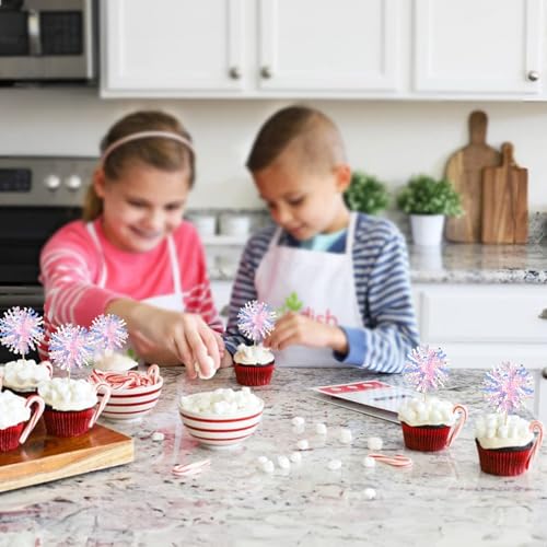 30Pcs Foil Firework Cupcake Toppers Firework Cake Toppers Tinsel Flower Drink Stirrers Cocktail Food Fruit Toothpicks for Valentine's Day Party Decorations Pink (30 Count)