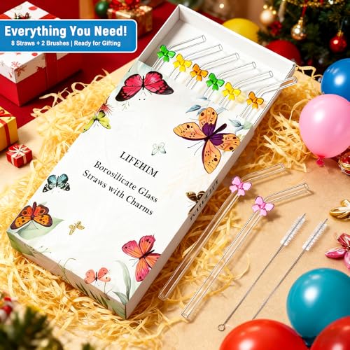 8pack Multicolor Bow Borosilicate Glass Straws with Charms (10 Count)