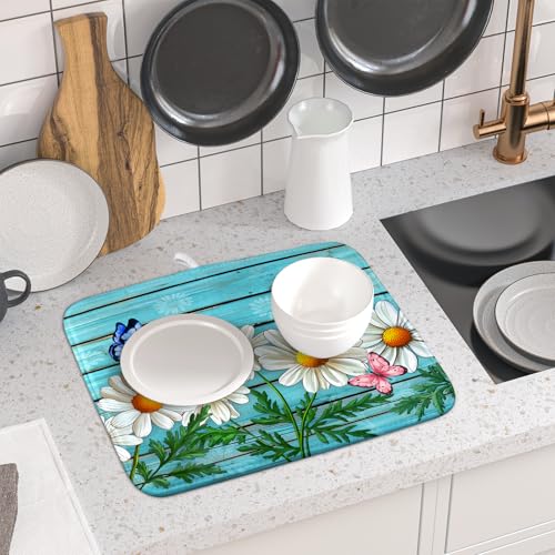 Daisy Dish Drying Mat for Kitchen Counter 16x18in Turquoise Daisy Old Wooden Board Kitchen Mat Absorbent Reversible Microfiber Dishes Pad Fast Drying Dish Drainer Mats for Countertop