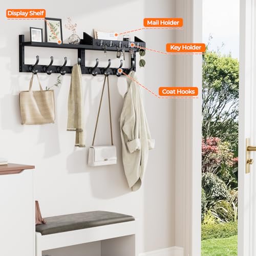 35" Coat Rack Wall Mount with Shelf & 13 Hooks