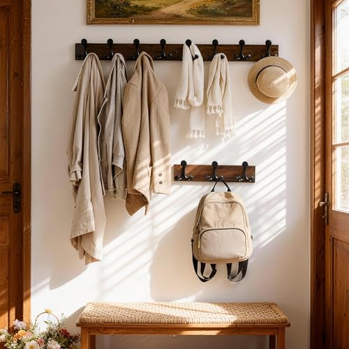 17 Inch Walnut Wood Coat Rack Wall Mount with 3 Triple Hooks