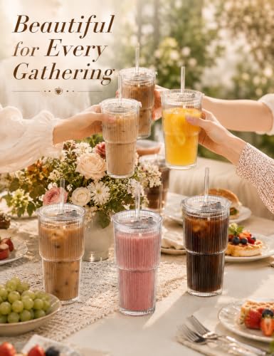 20 oz Ribbed Glass Tumblers with Lids and Straws (4 Count)