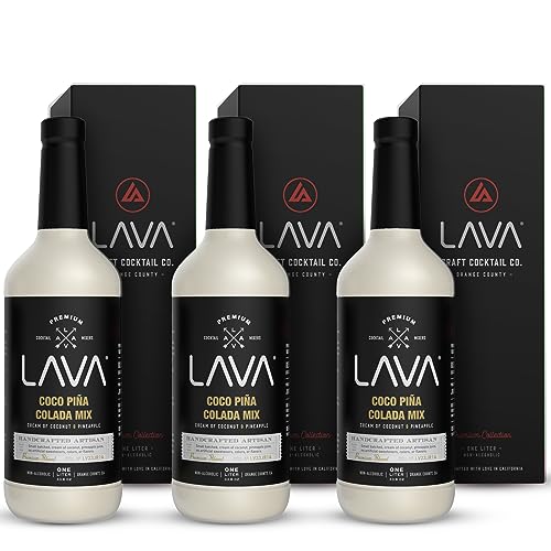 3 Pack) LAVA Premium Coco Pina Colada Made with Cream of Coconut and Real Pineapple, No Artificial Sweeteners or Flavors, 1-Liter (33.8oz) Glass Bottle. (101.4 Fl Oz)