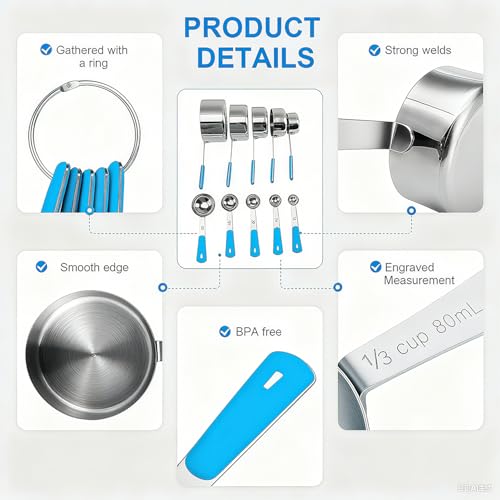 Measuring Cups and Spoons Set Stainless Steel 10 Piece for Cooking and Baking (10 Count)