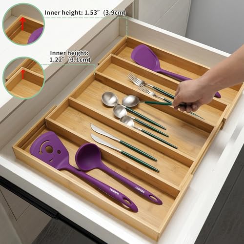 Bamboo Expandable Kitchen Drawer Organizer Silverware Utensil Tray