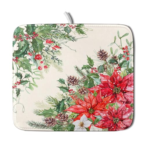 Poinsettia Dish Drying Mat for Countertop 16"x18" Christmas Red Floral Winter Holly Berries Flowers Dish Drainer Mats Microfiber Dish Drying Pad Protector for Kitchen Home Decor Small