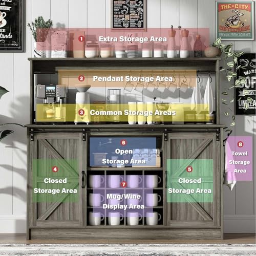 55" Farmhouse Coffee Bar Cabinet with Storage Hutch