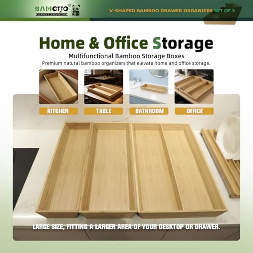 Large Long V Shaped Bamboo Drawer Organizer Set of 3 (78.4 Ounce)