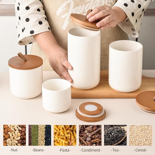White Ceramic Canister Set with Bamboo Lids (4 Count)