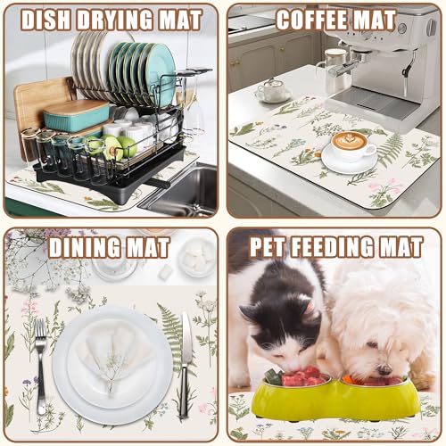 Flowers and Herbs Dish Drying Mat for Kitchen Counter Plant Bar Mat Hide Stain Absorbent Rubber Backed Coffee Maker Espresso Machine Bar Accessories 11.8 x 19.7 Inch