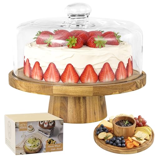 12 Inch Acacia Wood Cake Stand with Glass Lid