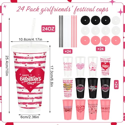 24 Pcs Galentines Gang Cups Bulk 24oz Plastic Reusable Galentines Day Tumbler with Lids and Straws Heart Valentine's Day Gifts Party Favors Supplies Decorations for Women Girls Friendship (24 Count)