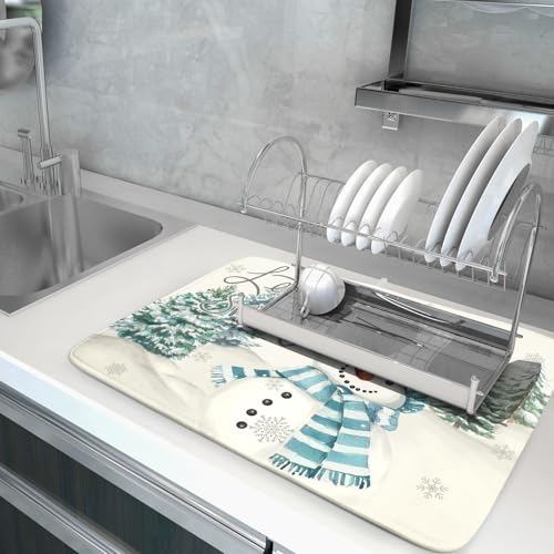 Blue Snowman Dish Drying Mat Xmas Trees Bird Winter Snowy Scene Dish Drainer Mats 18"x24" Microfiber Reversible Dish Drying Rack Pad Protector for Kitchen Countertop Decor