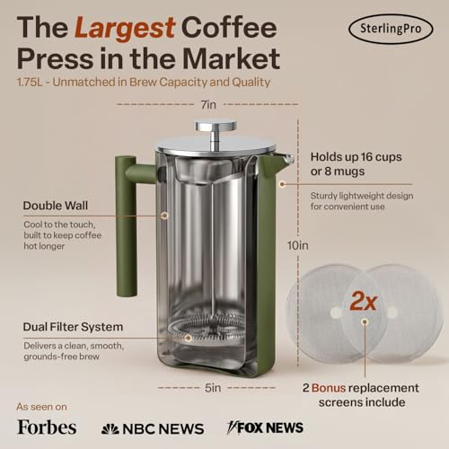Non Toxic Extra Large Insulated Stainless Steel French Press Coffee Maker 59oz