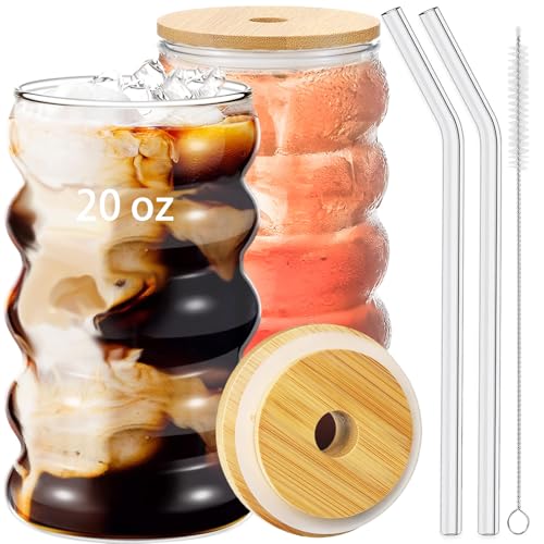 2 Pcs 20oz Drinking Glasses Set with Bamboo Lids and Straws (2 Count)