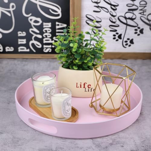Round Pink Decorative Serving Tray with Handles