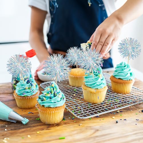 30Pcs Foil Firework Cupcake Toppers Sparkle Tinsel Cupcake Picks Drink Stirrers Cocktail Food Fruit Toothpicks for Baby Shower Graduation Party Supplies White (30 Count)