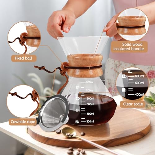 Pour Over Coffee Maker 800ml with 304 Stainless Steel Filter Wooden Collar Holder Borosilicate Glass Drip Coffeemaker Server Set Clear Hand Brew Dripper Carafe for Home Camping Travel 27oz