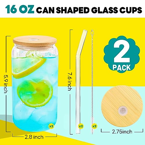 Glass Cups with Bamboo Lids and Straws 2 Set 16 oz Reusable Iced Coffee Cup Beer Can Drinking Jars for Smoothie Whiskey Boba Soda Tea Gift (2 Count)