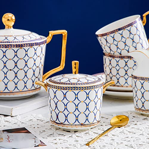 British Bone China Blue Gold Tea Cup & Saucer Set of 4 with Gift Box (15 Count)