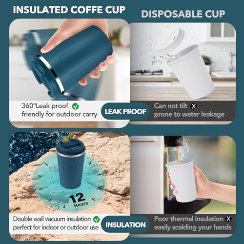 12 oz Double Wall Insulated Vacuum Travel Coffee Mugs with Flip Lid Bulk 2 Pack (2 Count)